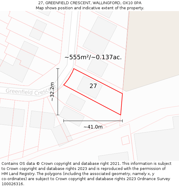 27, GREENFIELD CRESCENT, WALLINGFORD, OX10 0PA: Plot and title map