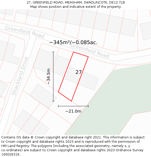 27, GREENFIELD ROAD, MEASHAM, SWADLINCOTE, DE12 7LB: Plot and title map