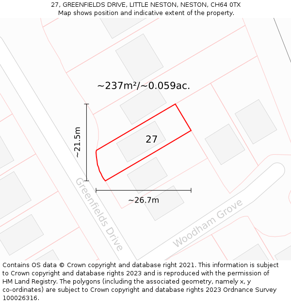 27, GREENFIELDS DRIVE, LITTLE NESTON, NESTON, CH64 0TX: Plot and title map