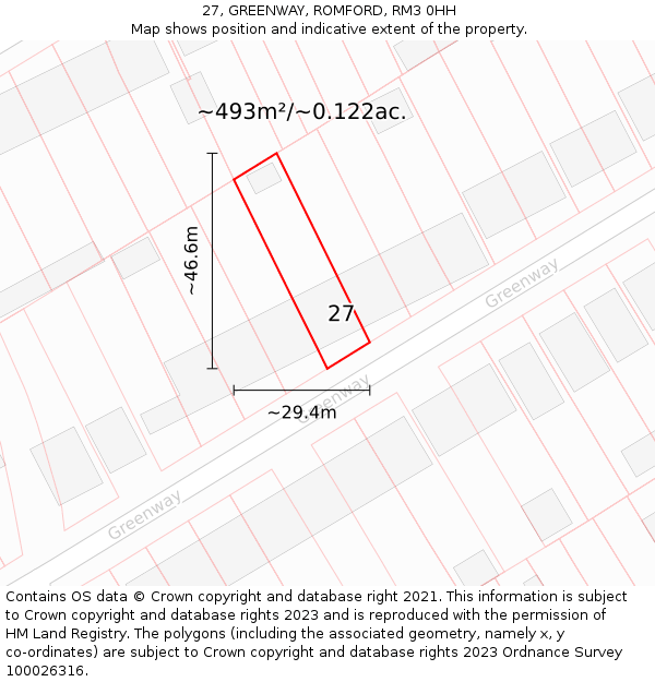 27, GREENWAY, ROMFORD, RM3 0HH: Plot and title map