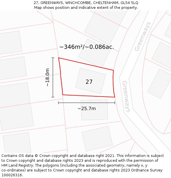 27, GREENWAYS, WINCHCOMBE, CHELTENHAM, GL54 5LQ: Plot and title map