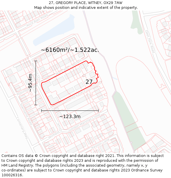 27, GREGORY PLACE, WITNEY, OX29 7AW: Plot and title map