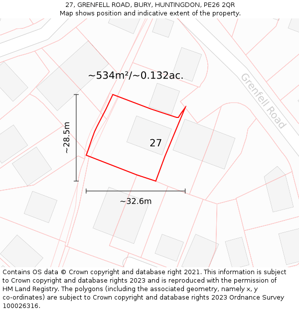 27, GRENFELL ROAD, BURY, HUNTINGDON, PE26 2QR: Plot and title map