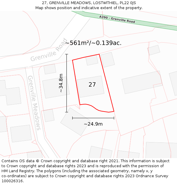 27, GRENVILLE MEADOWS, LOSTWITHIEL, PL22 0JS: Plot and title map