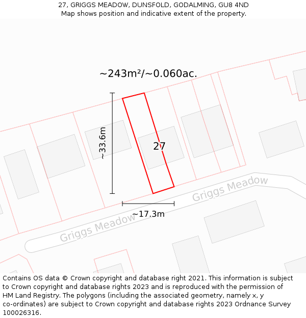 27, GRIGGS MEADOW, DUNSFOLD, GODALMING, GU8 4ND: Plot and title map