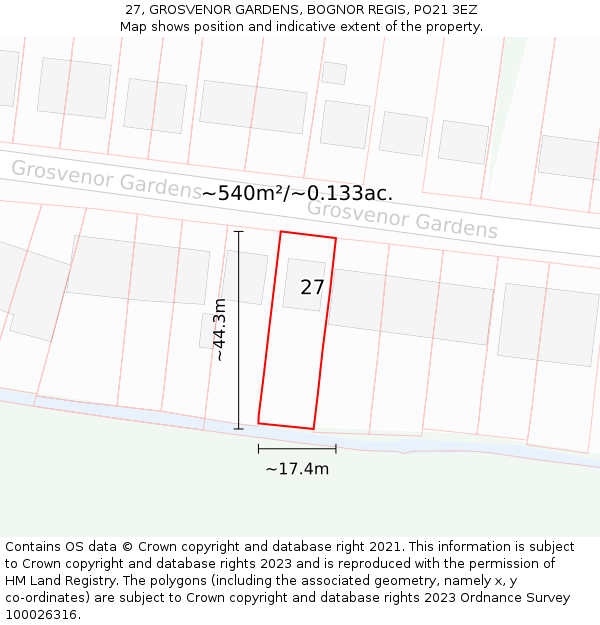 27, GROSVENOR GARDENS, BOGNOR REGIS, PO21 3EZ: Plot and title map