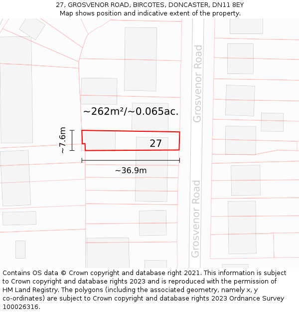 27, GROSVENOR ROAD, BIRCOTES, DONCASTER, DN11 8EY: Plot and title map