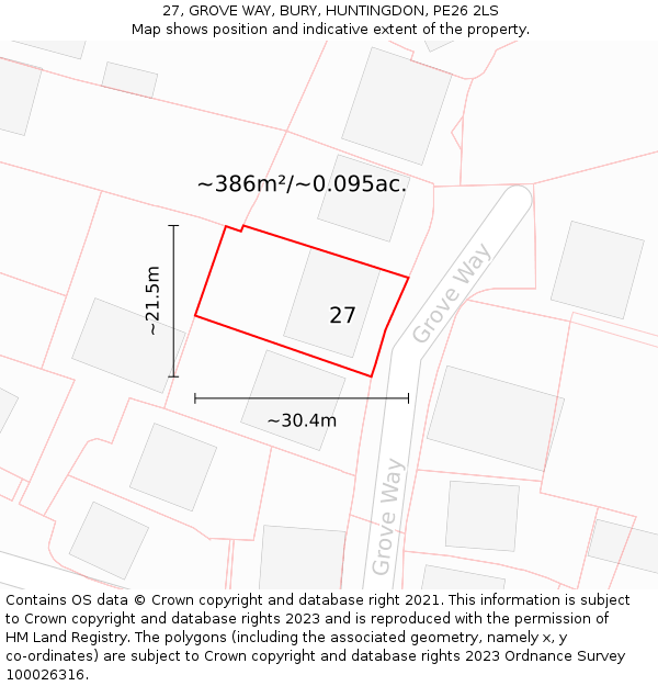 27, GROVE WAY, BURY, HUNTINGDON, PE26 2LS: Plot and title map