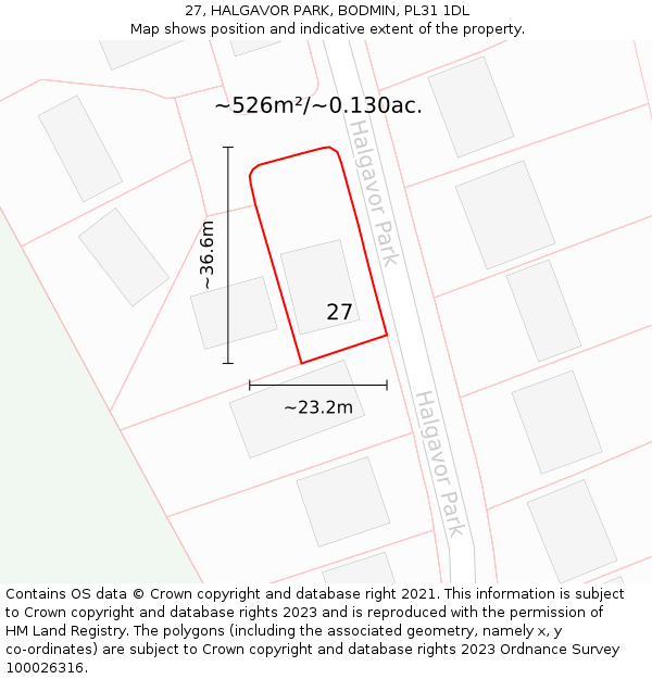 27, HALGAVOR PARK, BODMIN, PL31 1DL: Plot and title map