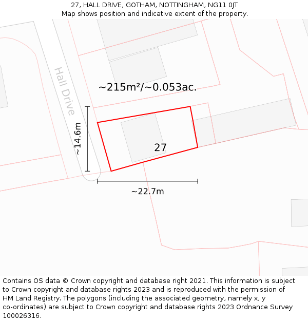 27, HALL DRIVE, GOTHAM, NOTTINGHAM, NG11 0JT: Plot and title map