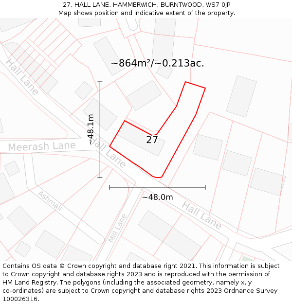 27, HALL LANE, HAMMERWICH, BURNTWOOD, WS7 0JP: Plot and title map
