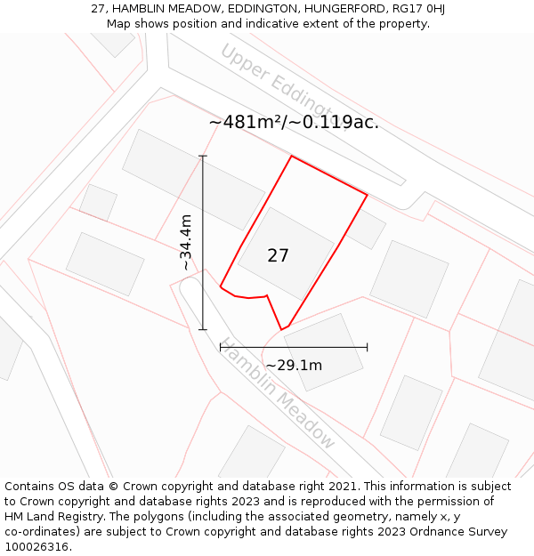 27, HAMBLIN MEADOW, EDDINGTON, HUNGERFORD, RG17 0HJ: Plot and title map