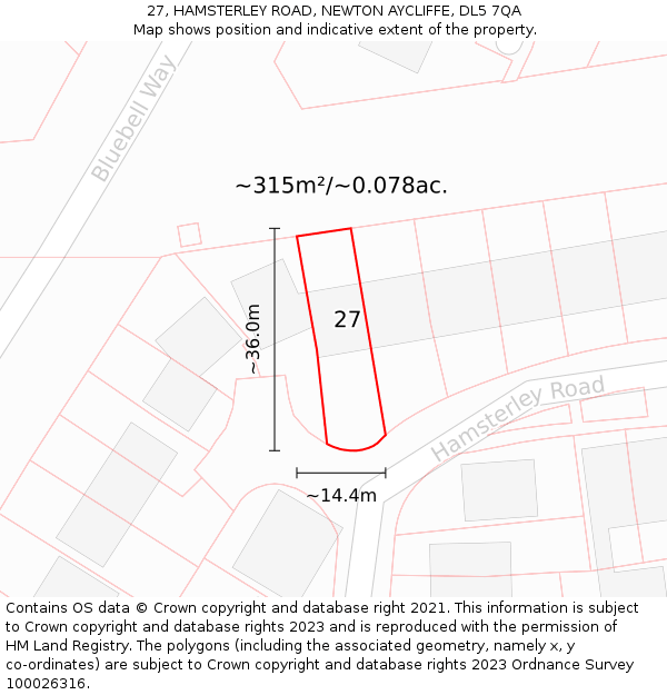 27, HAMSTERLEY ROAD, NEWTON AYCLIFFE, DL5 7QA: Plot and title map