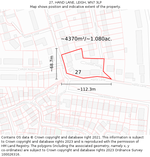 27, HAND LANE, LEIGH, WN7 3LP: Plot and title map