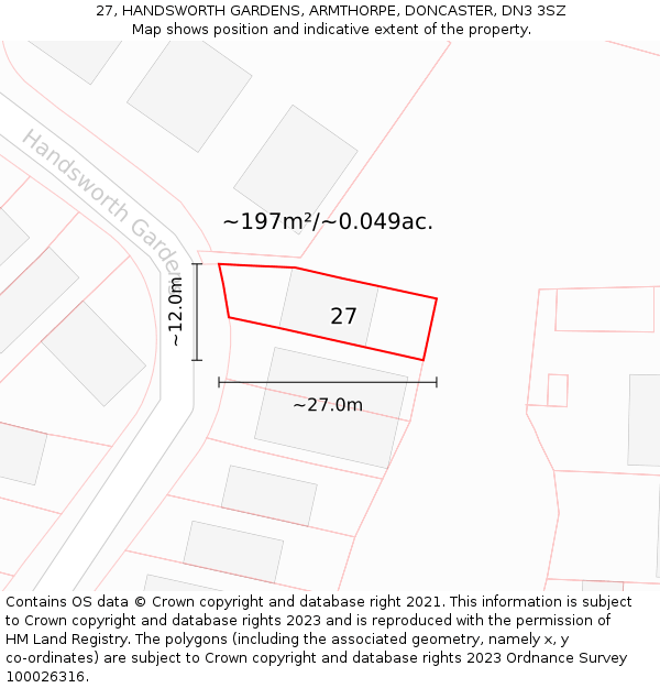 27, HANDSWORTH GARDENS, ARMTHORPE, DONCASTER, DN3 3SZ: Plot and title map