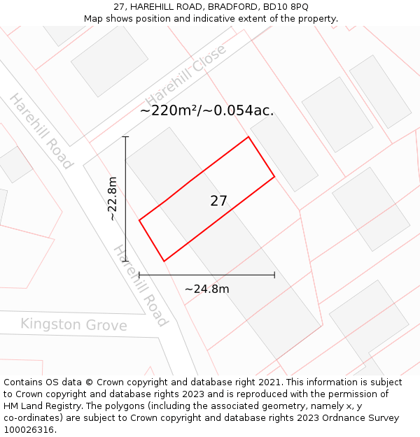 27, HAREHILL ROAD, BRADFORD, BD10 8PQ: Plot and title map