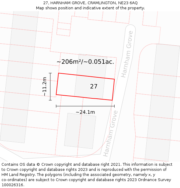 27, HARNHAM GROVE, CRAMLINGTON, NE23 6AQ: Plot and title map