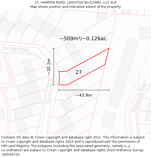 27, HARROW ROAD, LEIGHTON BUZZARD, LU7 4UF: Plot and title map