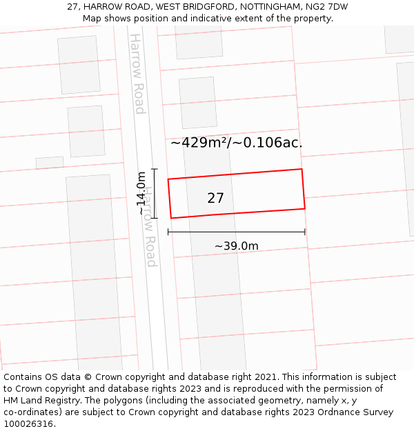 27, HARROW ROAD, WEST BRIDGFORD, NOTTINGHAM, NG2 7DW: Plot and title map