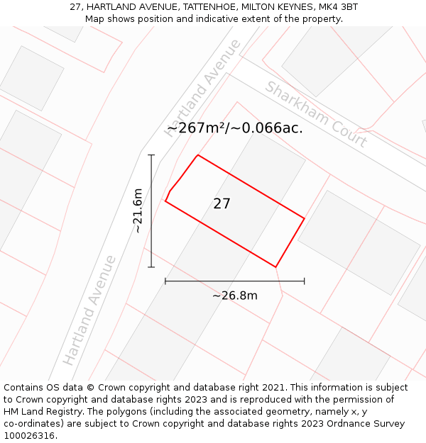 27, HARTLAND AVENUE, TATTENHOE, MILTON KEYNES, MK4 3BT: Plot and title map