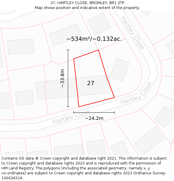 27, HARTLEY CLOSE, BROMLEY, BR1 2TP: Plot and title map