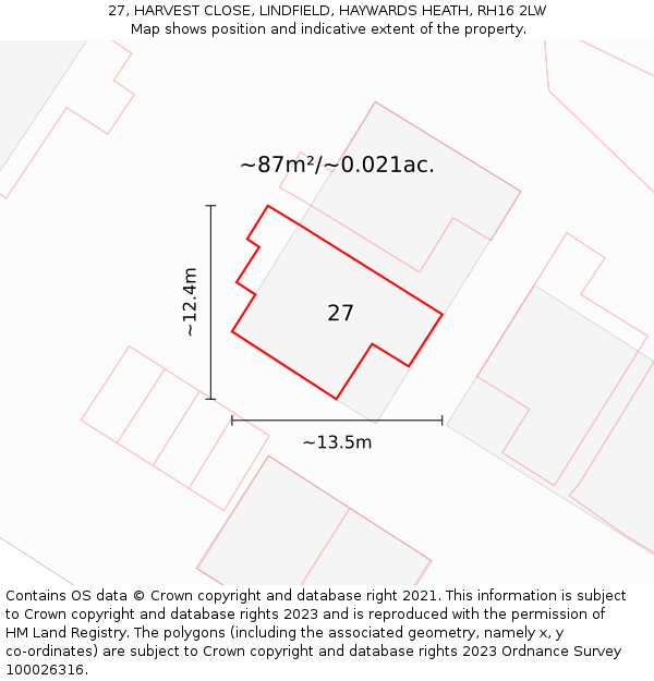 27, HARVEST CLOSE, LINDFIELD, HAYWARDS HEATH, RH16 2LW: Plot and title map