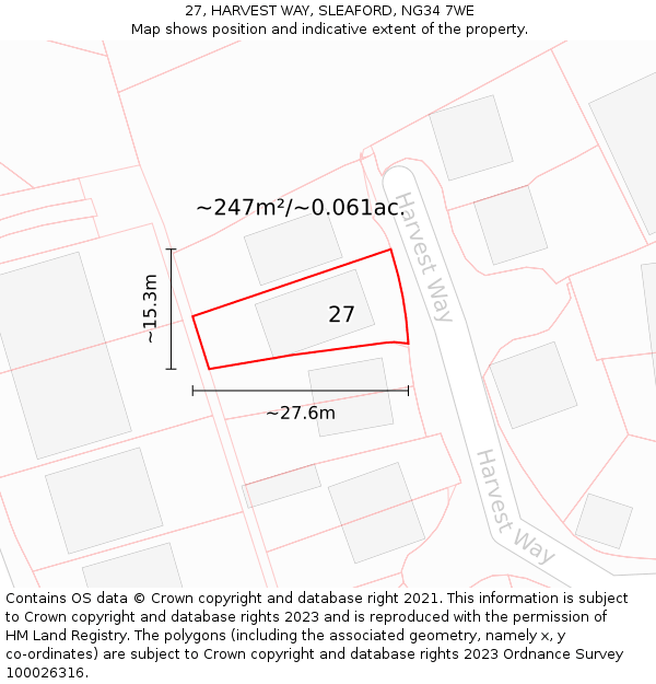 27, HARVEST WAY, SLEAFORD, NG34 7WE: Plot and title map