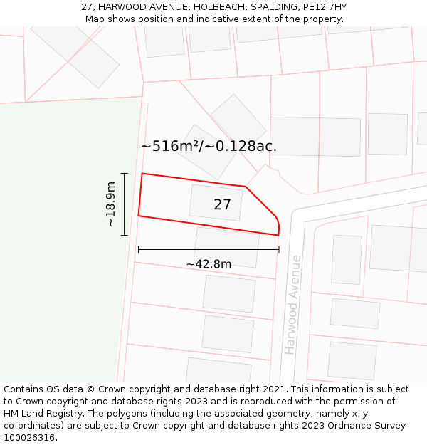 27, HARWOOD AVENUE, HOLBEACH, SPALDING, PE12 7HY: Plot and title map