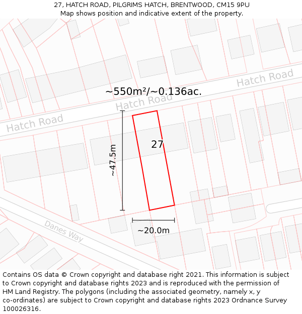 27, HATCH ROAD, PILGRIMS HATCH, BRENTWOOD, CM15 9PU: Plot and title map