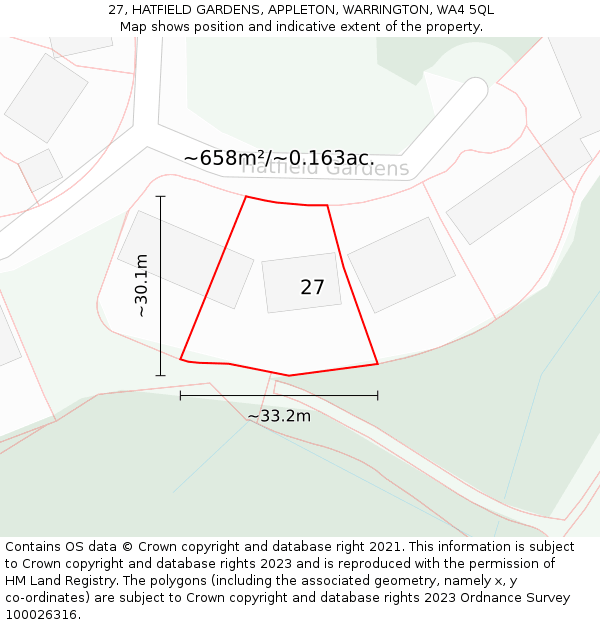 27, HATFIELD GARDENS, APPLETON, WARRINGTON, WA4 5QL: Plot and title map