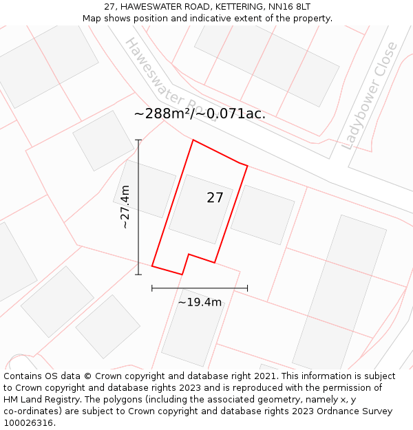 27, HAWESWATER ROAD, KETTERING, NN16 8LT: Plot and title map