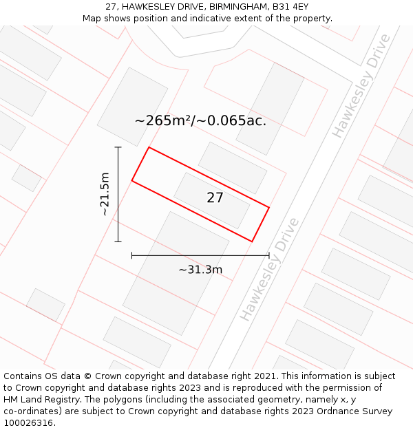 27, HAWKESLEY DRIVE, BIRMINGHAM, B31 4EY: Plot and title map