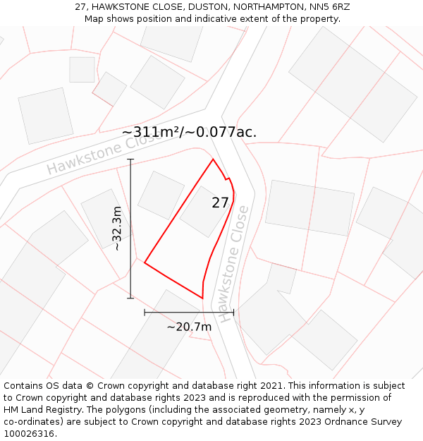 27, HAWKSTONE CLOSE, DUSTON, NORTHAMPTON, NN5 6RZ: Plot and title map