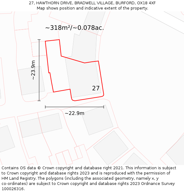 27, HAWTHORN DRIVE, BRADWELL VILLAGE, BURFORD, OX18 4XF: Plot and title map