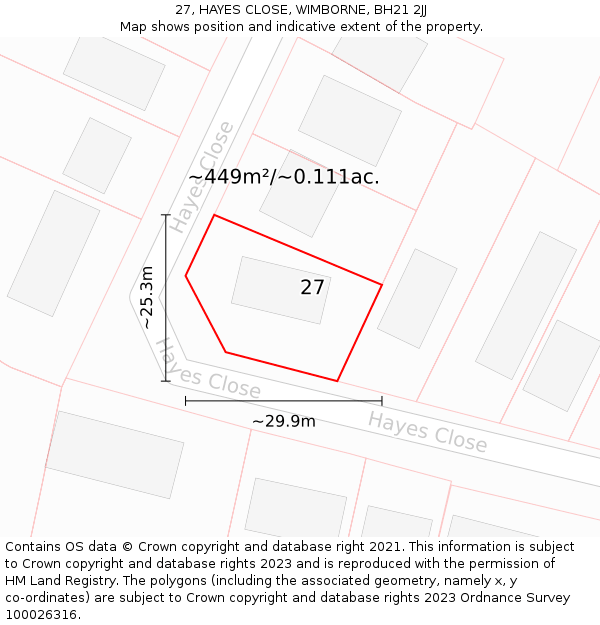 27, HAYES CLOSE, WIMBORNE, BH21 2JJ: Plot and title map