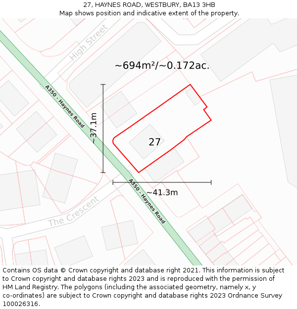 27, HAYNES ROAD, WESTBURY, BA13 3HB: Plot and title map