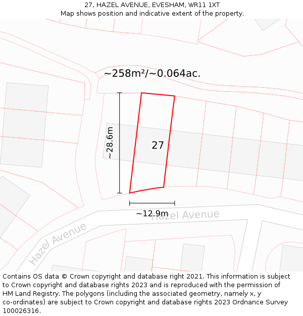 27, HAZEL AVENUE, EVESHAM, WR11 1XT: Plot and title map