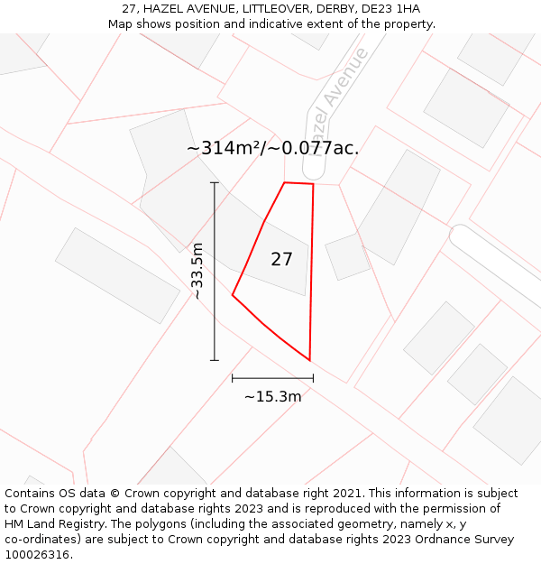 27, HAZEL AVENUE, LITTLEOVER, DERBY, DE23 1HA: Plot and title map