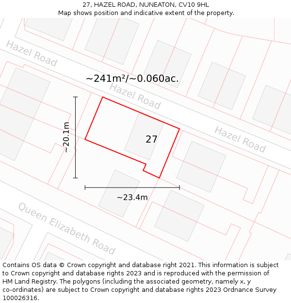 27, HAZEL ROAD, NUNEATON, CV10 9HL: Plot and title map