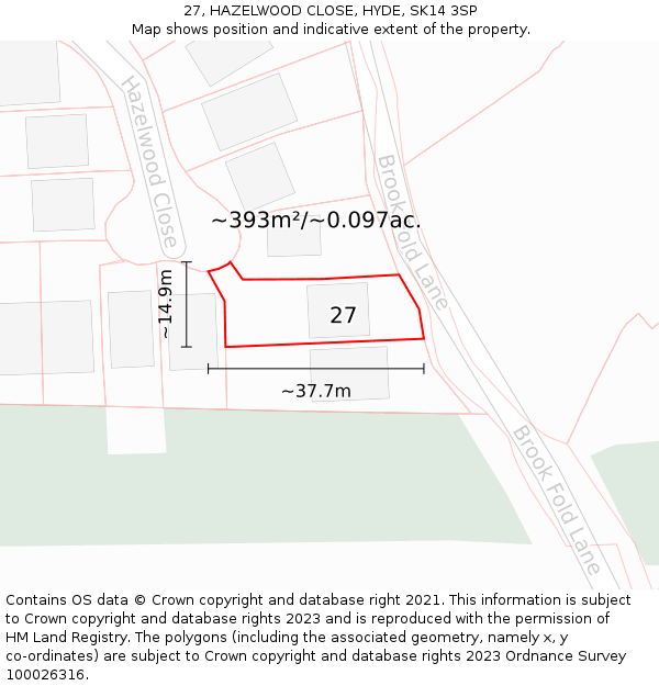 27, HAZELWOOD CLOSE, HYDE, SK14 3SP: Plot and title map