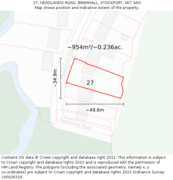 27, HEADLANDS ROAD, BRAMHALL, STOCKPORT, SK7 3AN: Plot and title map