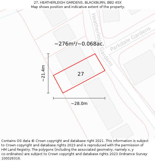 27, HEATHERLEIGH GARDENS, BLACKBURN, BB2 4SX: Plot and title map