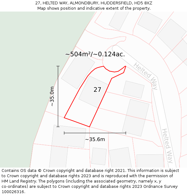 27, HELTED WAY, ALMONDBURY, HUDDERSFIELD, HD5 8XZ: Plot and title map