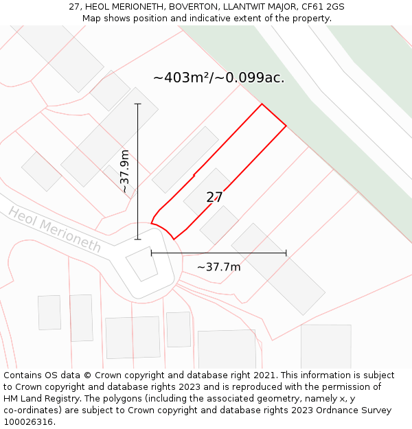 27, HEOL MERIONETH, BOVERTON, LLANTWIT MAJOR, CF61 2GS: Plot and title map