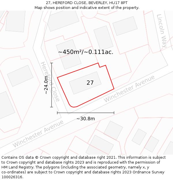 27, HEREFORD CLOSE, BEVERLEY, HU17 8PT: Plot and title map