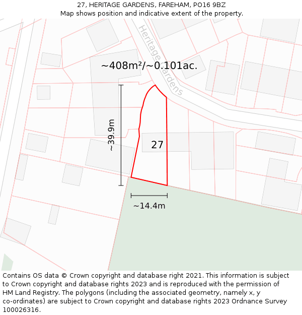 27, HERITAGE GARDENS, FAREHAM, PO16 9BZ: Plot and title map