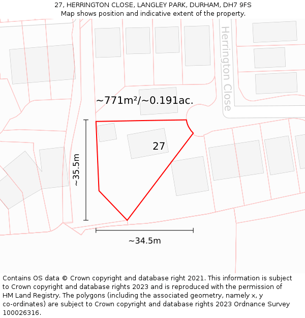 27, HERRINGTON CLOSE, LANGLEY PARK, DURHAM, DH7 9FS: Plot and title map