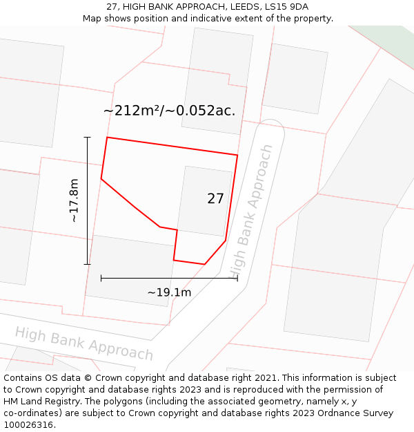 27, HIGH BANK APPROACH, LEEDS, LS15 9DA: Plot and title map