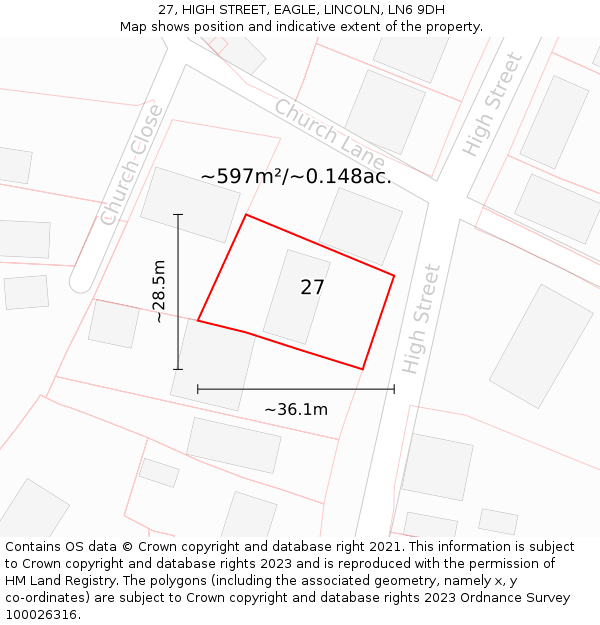 27, HIGH STREET, EAGLE, LINCOLN, LN6 9DH: Plot and title map