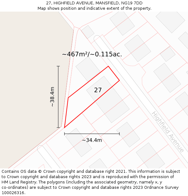 27, HIGHFIELD AVENUE, MANSFIELD, NG19 7DD: Plot and title map